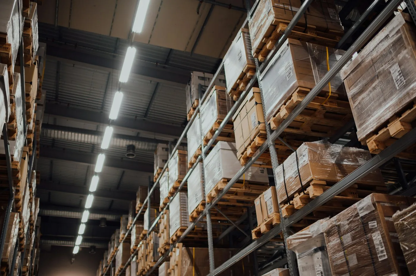 Palletised food cargo in a distribution warehouse